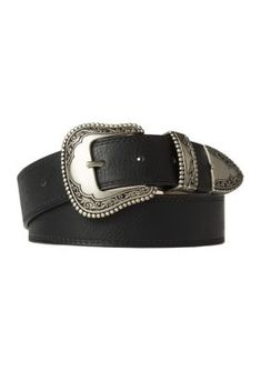 Crafted out of smooth leather, this belt from Vince Camuto boasts a stunning western-style buckle. | Vince Camuto Women's 40 Millimeter Western Buckle Belt, Black, Large Vintage Black Belt With Buckle Closure, Black Concho Belt Buckles For Ranch, Black Concho Belt Buckles, Western Style Black Belt For Ranch, Classic Black Concho Belt Buckles, Black Belt With Antique Buckle For Rodeo, Western Black Belt Buckles For Rodeo, Western Style Black Belt For Western-themed Events, Black Adjustable Belt For Rodeo