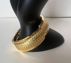 "Vintage Gold Tone Hinged Cuff Bracelet textured design Diameter 2.5\", Circumference 7.85\" ONS Old New Stock, never worn, excellent vintage condition Please stop by our shop at https://www.etsy.com/shop/Vintageglamjewerly  Don't forget to heart our shop to get updates in your news feed for our new arrivals!" 90s Earrings, 80s Jewelry, 90s Jewelry, 80s Earrings, Glam Jewelry, Vintage Glam, Please Stop, Textured Design, Mood Board Fashion