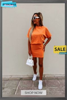 Women's Summer Solid Color Commute Sports Dresses Sporty Short Sleeve Stretch Dress, Sporty Stretch Short Sleeve Dresses, Sporty Stretch Dress With Short Sleeves, Sporty Mini Dress For Spring, Sporty Cotton Mini Dress, Sporty Knee-length Summer Dress, Sporty Cotton Dress With Short Sleeves, Casual Orange Mini Dress With Short Sleeves, Casual Orange Mini Dress