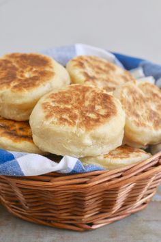 some pancakes in a basket on a table