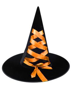 This pointy black velour hat with jaunty orange ribbon corset lace-up matches perfectly with many of our tops & dresses! Complete your outfit with a pair of striped tights and you'll be ready to mix potions, cast spells, and fly off on your broom, knowing that you're the sexist sorceress in all the land! Fabric: black velour (100% polyester)scarlet red satin ribbon lace-up One size fits all Imported Fitted Black Hat Costume Accessories, Fitted Black Costume Hats And Headpieces For Fall, Fitted Black Costume Hats For Fall, Fitted Witchy Hat For Halloween, Fitted Black Witchy Hat, Black Fitted Witchy Hat, Black Hat For Costume Party In Fall, Fitted Hat For Fall Costume Party, Fall Party Witchy Costume Hats And Headpieces