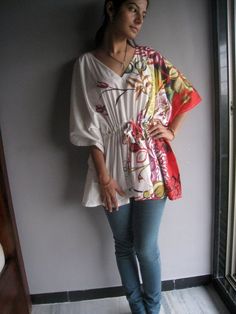 Cream Red Kaftan Top - Perfect for outings to be worn over jeans or leggings, lounges, beaches, spa White Tops With Kimono Sleeves For Summer, White Kimono Sleeve Top For Beach, White Tops With Kimono Sleeves For Spring, White Beach Tops With Kimono Sleeves, White Kimono Sleeve Beach Tops, Kaftan Tops With Jeans, Red Kaftan, Spa Robes, Kaftan Tops