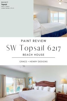 a white bed sitting in a bedroom next to a window with the words paint review top sail 617 beach house grace and henry designs