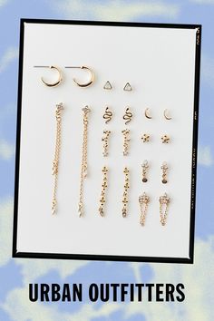 Set of ten pairs earrings - wear them as pairs or mix & match them for a one-of-a-kind look. Includes hoops and post earrings. Content + Care Set of 10 pairs Mixed metal, glass Avoid contact with water Imported | Celestial Post & Hoop Earring Set in Gold, Women's at Urban Outfitters Urban Outfitters Hoop Jewelry, Urban Outfitters Jewelry Gift, Hoop Earring Set, Hoop Earring Sets, Mixed Metals, Mix Match, Post Earrings, Earring Set, Urban Outfitters