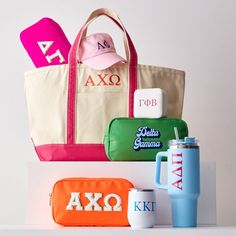 three different types of personalized items are displayed on top of a white surface, including a tote bag and water bottle