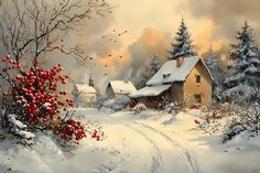 a painting of a winter scene with a house in the foreground and snow on the ground