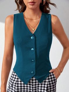 Green Casual Collar Sleeveless Knitted Fabric Plain vest Embellished Medium Stretch Fall/Winter Women Clothing Fitted Winter Tank Top, Sleeveless Tops With Buttons For Fall, Sleeveless Denim Vest For Fall, Stretch Tank Vest For Fall, Sleeveless Vest With Buttons For Fall, Fitted Sleeveless Sweater Vest For Winter, Elegant Sleeveless Winter Tops, Elegant Sleeveless Blouse Tank Top For Fall, Fitted Sleeveless Sweater Vest