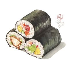 a drawing of sushi rolls with different toppings on top of each one,