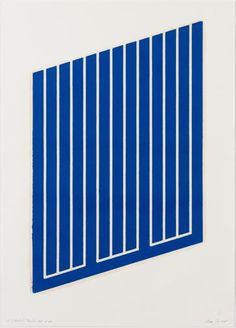 a blue and white painting with vertical lines on the wall above it, in an art gallery