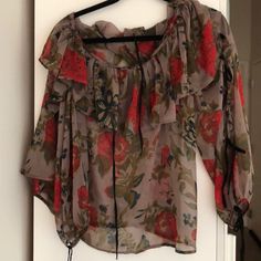 Off The Shoulder Floral And Ruffle Chiffon Top With Tie Sleeves. Elegant Spring Floral Print Blouse Piece, Elegant Floral Print Blouse For Spring, Elegant Floral Print Blouse Piece For Summer, Off The Shoulder Blouse, Chiffon Ruffle, Tie Sleeve, Chiffon Top, Chiffon Tops, Off The Shoulder