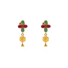 Discover the magnificence of Virani Jeweler's earring collection with this elegant pair of 22k gold and gemstone earrings. These opulent creations are a tribute to India's cultural heritage, combining traditional motifs with modern allure. The radiance of 22k gold enhances the beauty of precious emerald and ruby, creating a mesmerizing blend of opulence and sophistication. Adorn yourself with these Indian gold earrings and embrace the grace and elegance that Virani Jeweler curates. Features • 22 Ceremonial Gold Gemstone Earrings, Festive Temple Jewelry Gemstone Danglers, Festive Temple Jewelry Danglers With Gemstone, Traditional Gemstone Drop Danglers, Traditional Bridal Drop Earrings With Gemstones, Traditional Gemstone Bridal Earrings For Festive Season, Traditional Gemstone Danglers For Festivals, Festive Traditional Gemstone Danglers, Festive Gold Plated Gemstone Earrings