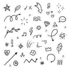 various hand drawn doodles and symbols on a white background, including stars, hearts, arrows