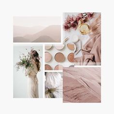 a collage of photos with pink and brown tones, including flowers, leaves, sand and other items