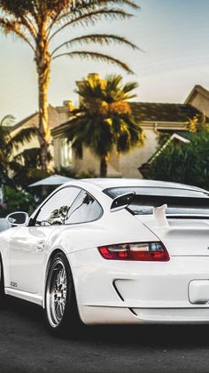 a white sports car parked in front of a palm tree