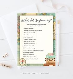 Editable What Did the Groom Say Bridal Shower Game Travel Wedding Shower Activity Rustic Vintage Map Party Corjl Template Printable 0044 Questions About The Bride, Wedding Shower Activities, Bridal Shower Game, How Many Kids, The Wedding Date, Travel Wedding, Bridal Shower Games, Computer Laptop, Who Knows