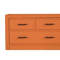 an orange dresser with black handles and drawers