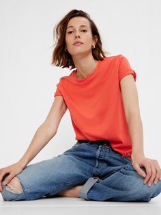 Made with 100% organically grown cotton.  Organic cotton is better for people and the environment because it’s grown without the use of harmful synthetic pesticides and fertilizers.  Short sleeves.  Crewneck. Vintage Shorts, Organic Baby, Vintage Knitting, Gap, Vintage Tshirts, Neck T Shirt, Coral, Organic Cotton, Short Sleeves