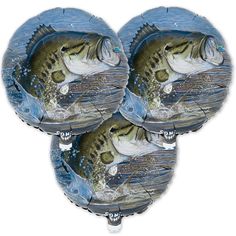 three large mouth bass balloons floating in the water