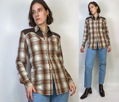 -->DESCRIPTION<-- Vintage 90s super cute classic brown plaid western top with flattering long, slim cut and the fabric has little diamond details! Tag says Lee Cooper. -->CONDITION<-- Great condition! -->SIZE<-- Marked small, can also fit a smallish medium -->FABRIC<-- Cotton Measurements taken with garment laying flat, please double sizes of bust, waist and hips to fits the body (we suggest you compare measurements to a fitting item that you already have:) Bust: 20 inches Waist: 19 inches Lengt Fitted Plaid Western Tops, Fitted Western Plaid Tops, Vintage Brown Tops For Ranch, Western Plaid Tops For Ranch, Western Top, Western Vintage, Western Tops, Lee Cooper, Black Knit Sweater