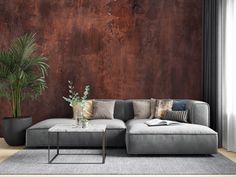 a living room with a couch, coffee table and potted plant in front of a blue wall