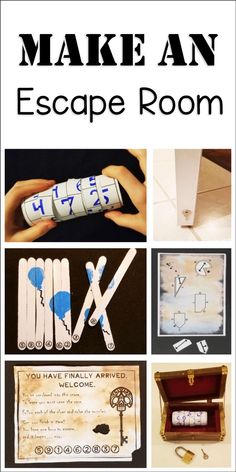 The pin shows six photos of images including a key taped to a door, number turn, popsicle sticks, paper puzzle, welcome letter and lock box. Art Escape Room Ideas, How To Make An Escape Room Gift, Escape Room Invitation Printable Free, How To Make An Escape Room At Home, Winter Escape Room For Kids, Escape Room Puzzles Diy, Star Wars Escape Room, Escape Room Puzzles For Teens, Games Diy Ideas