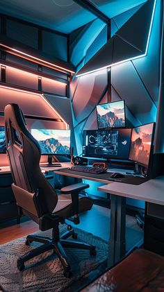 Modern gaming room with professional chair and desk setup, illuminated by vibrant blue light. Futuristic design featuring multiple monitors for an immersive gaming experience. Futuristic Room Aesthetic, Gaming Room Setup Aesthetic, Room Setup Aesthetic, Futuristic Room, Game Desk, Gaming Environment, Futuristic Space