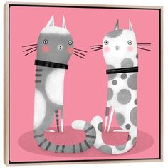 two cats are standing next to each other on a pink background with black and white spots