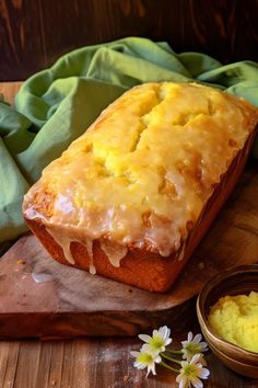 a loaf of bread sitting on top of a wooden cutting board next to some flowers