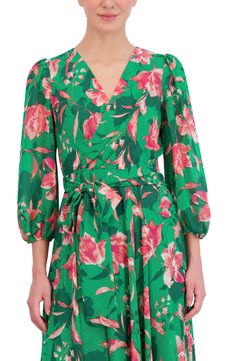 Bold blooms lend a hint of romance to this balloon-sleeve midi dress rendered in a playful faux-wrap silhouette and hugged by a tie belt. 37" front length; 57" back length (size 8) Back zip closure Surplice V-neck Three-quarter sleeves Tie belt Partially lined 100% polyester Hand wash, dry flat Imported Floral Balloons, Wrap Midi Dress, Eliza J, Green Midi Dress, Midi Dress With Sleeves, Tie Belt, Nordstrom Dresses, Three Quarter Sleeves, Three Quarter