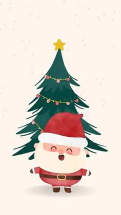 a christmas card with a santa claus standing next to a tree and stars on it