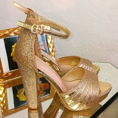 Gold Heeled Ankle Srap, Open Toe, Cone Heel, Glitter, Under High Heel 4.7 Inches, Leather Lining Pumps Size 36 Brand New Never Worn Without The Box. Shein Shoes, Gold High Heels, Halloween Mummy, Gold Pumps, Glitter Shoes, Gold Heels, Quince, Wedge Heels, High Heel