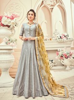 #grey  #yellow  #silk #anarkali #salwarkameez | silk jacquard fabric | heavy embroidey | heavy dual santoon | heavy net with embroidered work dupatta | occasional wear | Silk Salwar Kameez With Zari Work, Floor-length, Floor-length Tissue Silk Salwar Kameez With Zari Work, Transitional Season Zari Work Maxi Salwar Kameez, Unstitched Tussar Silk Bollywood Salwar Kameez, Simple Anarkali, Luxury Gown, Pakistan Bride, Gharara Designs, Indian Gown