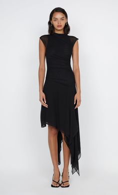 Noemi Asym Dress in Black by Bec + Bridge Black Short Sleeve Midi Dress, Engagement Dress, Bec Bridge, Draped Skirt, Engagement Dresses, Midi Short Sleeve Dress, High Neckline, Style Board, Guest Dresses