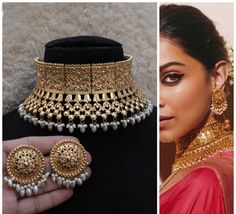 This is a beautiful antique gold choker set with matching earrings and comes with pearl details. It can be worn fir a statement look or complete bridal set as well. Indian Choker, Jewelry Pakistani, Choker Necklace Designs, Sabyasachi Jewellery, Bridal Choker, Indian Necklace, Bollywood Jewelry, Pakistani Jewelry, Choker Necklace Set