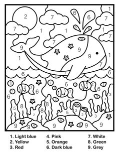 a coloring page with numbers and an image of a whale swimming in the ocean, surrounded by corals