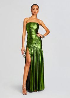 metallic dress, metallic gown, green dress, shiny dress, metallic maxi dress, strapless gown, strapless dress, high slit dress, slit dress, prom dress, summer wedding guest dress, spring wedding guest dress, tropical wedding guest dress, beach wedding guest dress, gala dress, prom dress inspo, statement dress, Celebrity style, classy dress, formal dress, party dresses for women, party dress, night out outfit, night out dress, glam outfit, luxe fashion, baddie prom dresses, whimsical dress Elegant Prom Dress With Flattering Silhouette, Elegant Dress With Ruched Bodice And Mermaid Hem, Fitted Sheath Maxi Dress With Ruched Detail, Green Ruched Bodice Evening Dress, Fitted Evening Dress With Ruched Bodice For Cocktail, Fitted Ruched Sheath Maxi Dress, Fitted Ruched Evening Dress For Night Out, Fitted Maxi Dress For Cocktail Prom Season, Green Mermaid Hem Prom Dress