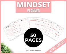 the printable mindset planner is shown on top of a pink background