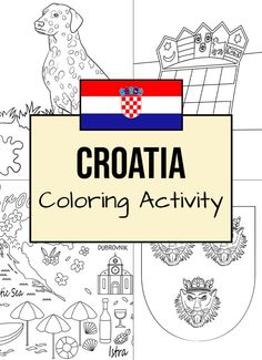 the croatia coloring activity is shown in black and white, with an image of a dog on