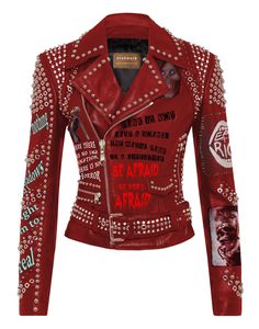 Steampunk Handmade The Creep Show Outfit, Women's Punk Rock Biker's, Eat The Rich Patches Jacket, Club Wear Leather Brando Jacket, Stylish jacket in a cool shade of red. Text printed patch that says 'Be Afraid Be Very Afraid' adds a great look The 'Punk is not just a Sound' printed patch adds a stylish touch. The striking Creep Show Gorgeous Patch on the rear side enhances the jacket's stylish appearance. Additionally, a collection of other captivating printed quotes and patches contribute to making the jacket truly awesome. Pin Badges with High-Quality Studs. Each securely added by hand Cropped, Vintage-inspired / Moto / Fit Patches Jacket Silver Round Studs Steampunk Gothic 0.9 to 1.0 MM Cowhide Leather used We provide this jacket in a variety of sizes to suit your needs. We provide opti 80s Glam Rock Fashion, Bar Outfits, Patch Jacket, Studded Leather Jacket, Eat The Rich, Rock N Roll Style, Fringe Leather Jacket, Pin Up Outfits, Studded Jacket