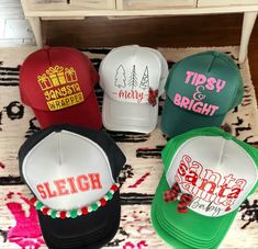 six hats with the words tipsy and bright on them sitting on a rug in front of a table