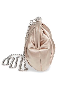 Crisp pleats detail a chic satin evening clutch featuring an optional chain strap for hands-free versatility. Clasp closure Optional chain strap Interior wall pocket Satin lining Satin Imported Handbags Interior Wall, Evening Clutch, Wall Pockets, Print Gifts, Hands Free, Chain Strap, Drawstring Backpack, Bucket Bag, Champagne