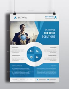 a blue and white brochure with an image of a man