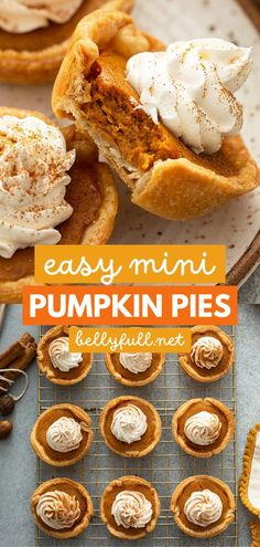 This mini pumpkin pie recipe is super easy! With all the flavors of a traditional pumpkin pie, these mini pies in muffin tins are the perfect individual Thanksgiving dessert. Enjoy this fall food for all your entertaining! Ed Smith Pumpkin Pie Filling Recipes, Halloween Individual Desserts, Bellyfull Recipes, Thanksgiving Pastries, Mini Pumpkin Pie Recipe, Pumpkin Pie Mini, Mini Pumpkin Pies Recipe, Kreative Snacks