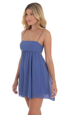 Chiffon Babydoll Dress in Slate Blue | LUCY IN THE SKY Chiffon Babydoll Dress, Navy Blue Mini Dress, School Dance Dresses, Cute Homecoming Dresses, Into The Blue, Lucy In The Sky, Semi Formal Dresses, Hoco Dresses, Slate Blue