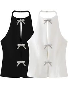 Get ready to turn heads with our Shelby Rhinestone Bow Tux Halter Tops! These tuxedo style inspired tops feature a trendy bow design with sparkling rhinestones with peekaboo slit front, perfect for adding a touch of glam to any outfit. With a unique halter top style, you'll feel chic and stylish all day long. Casual or dressed up, this versatile top is a must have for your closet right now! Gender: WOMEN Item Type: Tops, Halter Top, Tank Top Material: Polyester Elasticity: Non Stretch Decoration Trendy Bows, Halter Vest, Womens Halter Tops, Tuxedo Style, Middle Age Fashion, Rhinestone Bow, Summer Crop Tops, Womens Cami, Halter Tops