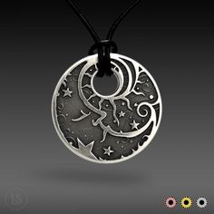 "Solid sterling silver pendant with my award-winning Celestial Man in the Moon design in deep relief.  Patina applied for contrast.   The back features my intricate compass rose design.  3mm thick. 32mm diameter, 3mm thick. Comes with a choice of an 18\" leather cord, or an adjustable nylon cord - choker to 30\". Polishing cloth included.  Note:  cleaning this pendant in any chemical cleaning liquid will remove the patina." Silver Moon Phase Medallion Jewelry, Silver Medallion Jewelry With Moon Phase, Black Sterling Silver Jewelry With Sun And Moon Design, Silver Sun And Moon Medallion Jewelry, Silver Medallion Jewelry With Sun And Moon Design, Silver Amulet Jewelry With Sun And Moon Design, Compass Rose Design, Celestial Pendant, Cord Choker