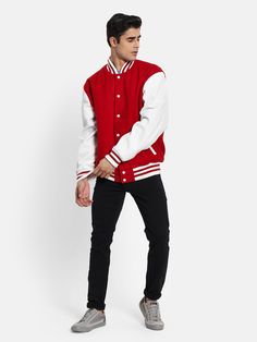 This Red Varsity Bomber Jacket is handcrafted with the highest quality wool for a timeless look and feel. The striped ribbed stand-up collar and long sleeves of Lambskin white leather give it an old-school flair, making it a must-have for any wardrobe. Color-White and Crimson Red White YKK Hardware Matching Red interlining Two Inside Pockets White Ribs with Red stripes Fit: Bomber Crafted with Love Used Materials Shell: 70% Pure Wool Felt Sleeves: White Top Grain Lambskin Lining: Polyester This Varsity Jacket Style, Wardrobe Color, Crimson Red, Red Outfit, White Top, White Tops, White Leather, Wool Felt, Cosplay Costumes