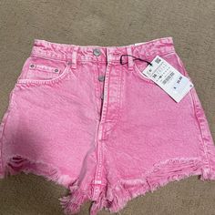 Brand New!! Pink Washed Denim. High Waist. Colorful Jean Shorts, Pink Mid-rise Jeans For Summer, Mid-rise Pink Jeans For Summer, Pink Jeans Shorts With Pockets, Pink Bottoms With Frayed Hem For Summer, Pink Mid-rise Casual Jean Shorts, Casual High Waist Pink Jean Shorts, Pink Short Jeans With Pockets, Pink High Rise Jeans For Summer