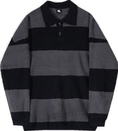 Black Cotton Sweater With Ribbed Collar, Black Casual Sweater With Ribbed Cuffs, Black Ribbed Cotton Sweater, Winter Streetwear Collared Tops, Winter Collared Streetwear Tops, Collared Streetwear Tops For Winter, Collared Winter Streetwear Tops, Fitted Long Sleeve Sweater For Streetwear, Gray Long Sleeve Polo Sweater, Casual