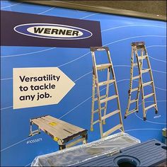 an advertisement for a ladder and work bench in front of a blue background with the words, versativity to tackle any job